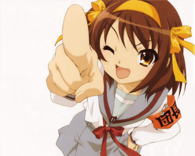 Girl yellowbow pointing smile anime free wallpaper - medium preview image