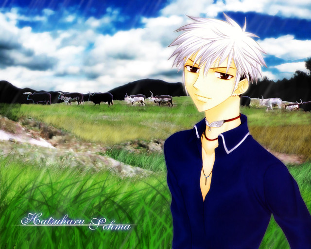 Anime white hair field cows free wallpaper - medium preview image