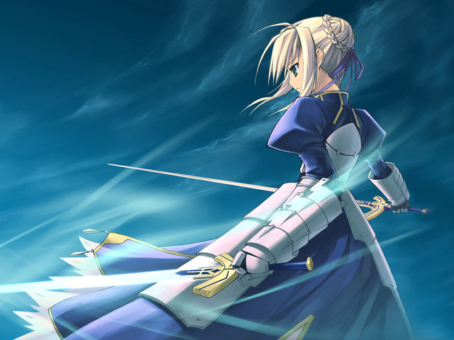 Woman blue dress sword clouds free wallpaper - medium preview image