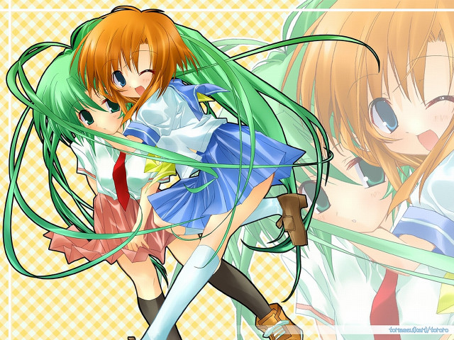 Anime greenhair sword hug checkered free wallpaper - medium preview image