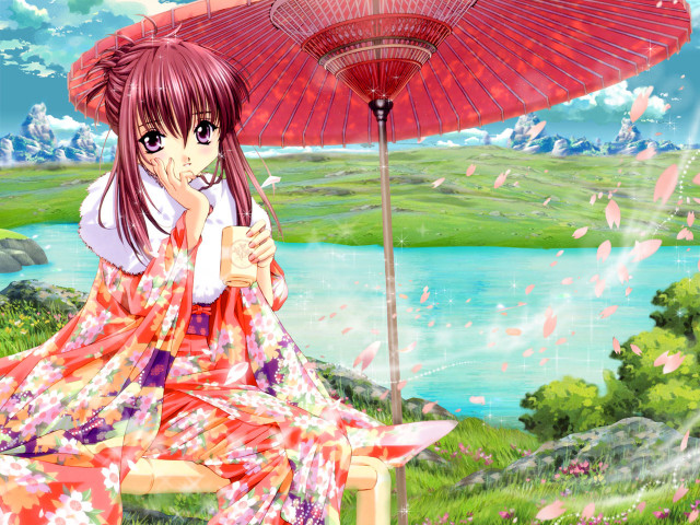 Woman bench umbrella flower lake free wallpaper - medium preview image