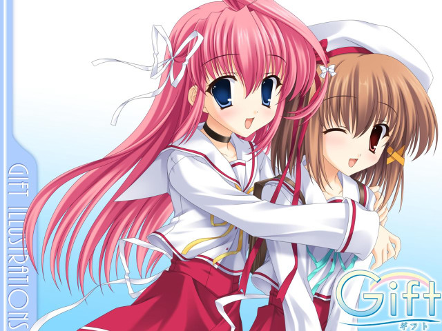 Two anime girls hugging blue free wallpaper - medium preview image