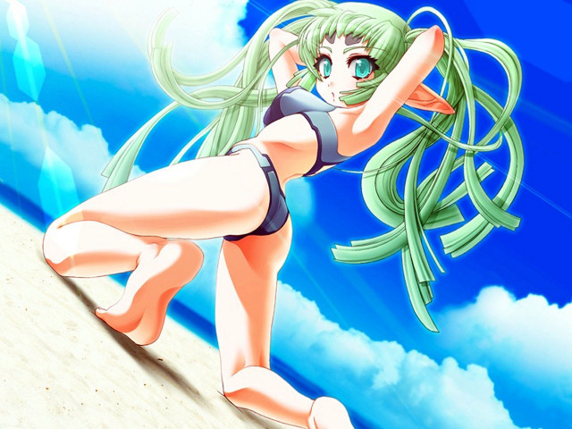 Green haired beach elf sky free wallpaper - medium preview image