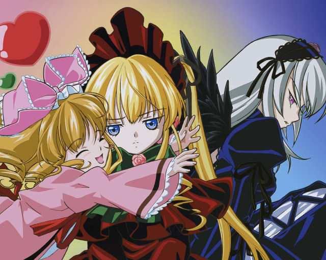 Anime hugging girls balloons hearts free wallpaper - medium preview image