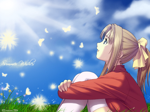 Girl butterflies sky grass anime free wallpaper - medium preview image