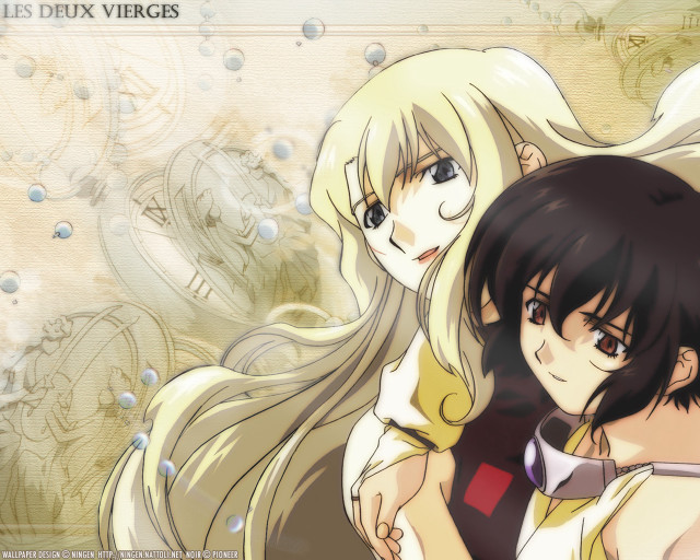 Anime hugging girls bubbles beige free wallpaper - medium preview image