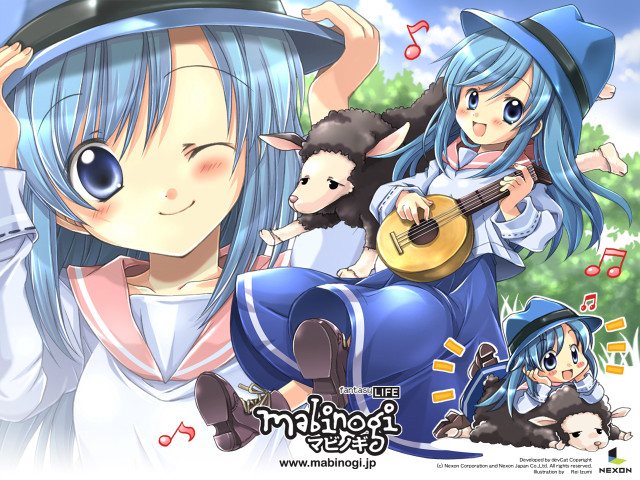 Blue hair guitar sheep anime free wallpaper - medium preview image