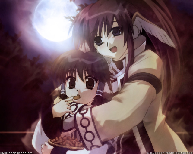 Anime hugging girls fullmoon trees free wallpaper - medium preview image