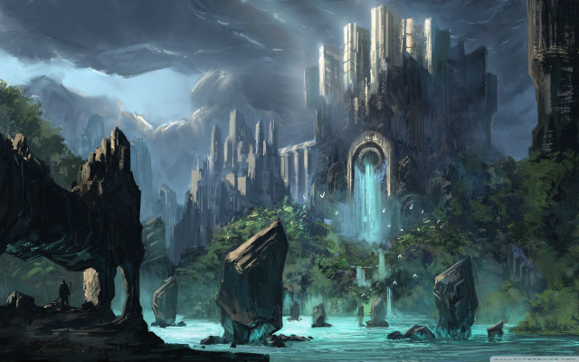 Fantasy landscape waterfall castle background free wallpaper - medium preview image