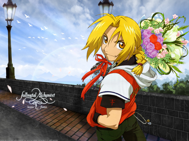 Blonde boy flower bouquet urban free wallpaper - medium preview image