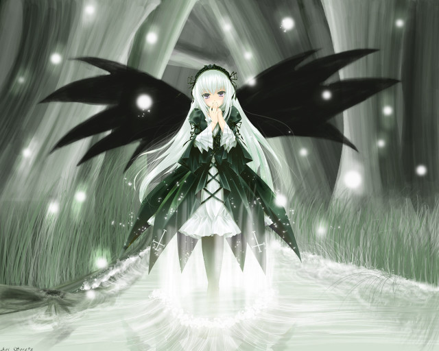 Girl blackwings forest lights snow free wallpaper - medium preview image