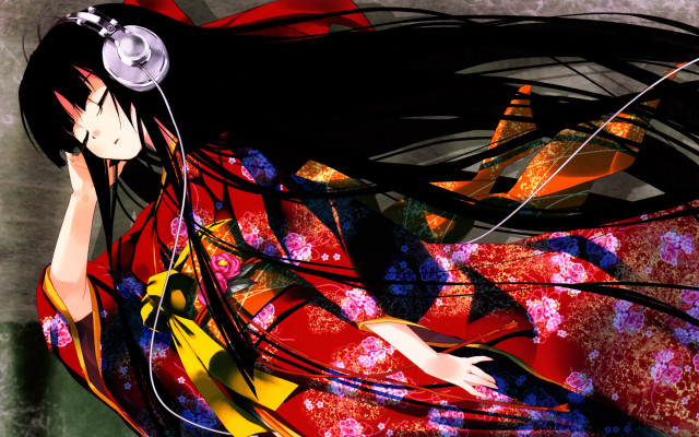 Woman headphones red kimono floral free wallpaper - medium preview image
