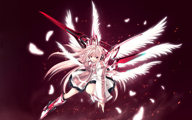 Angelic white haired sword wings free wallpaper - medium preview image
