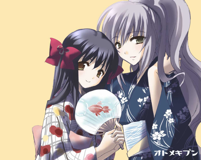 Two girls fishbowl fan yellow free wallpaper - medium preview image