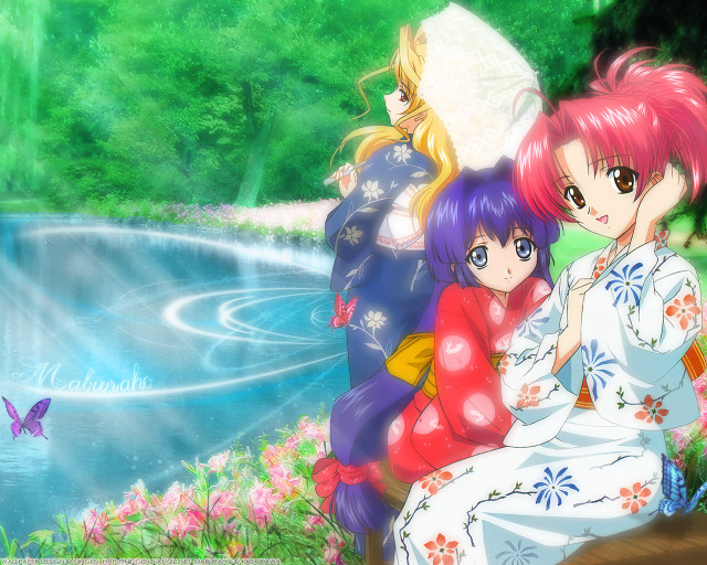 Anime girls pond butterfly kimono #4 free wallpaper - medium preview image