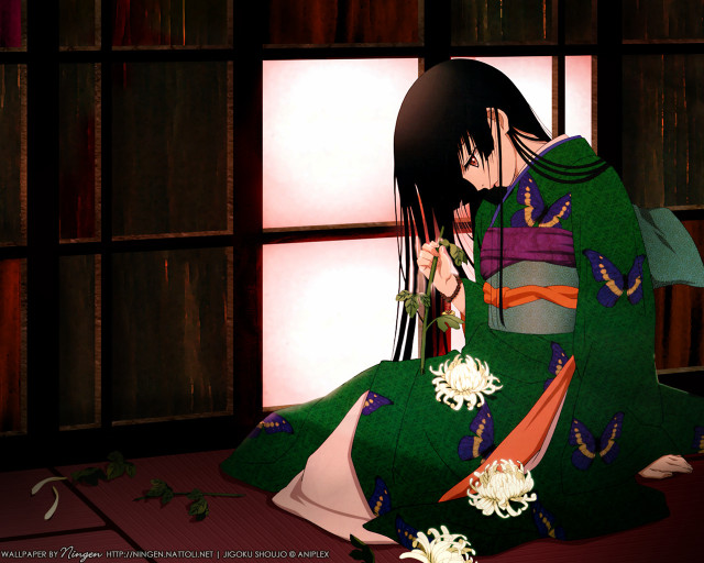 Woman green kimono flower sitting free wallpaper - medium preview image