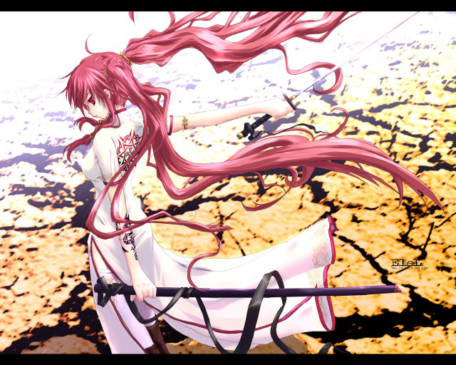 Red haired woman sword fiery free wallpaper - medium preview image