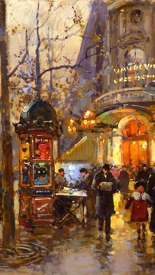 Victorian trolley autumn cityscape lanterns free wallpaper - medium preview image