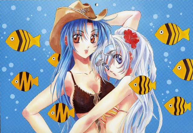 Anime couple hugging fish blue free wallpaper - medium preview image