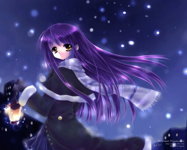 Purple haired girl snow lantern free wallpaper - medium preview image
