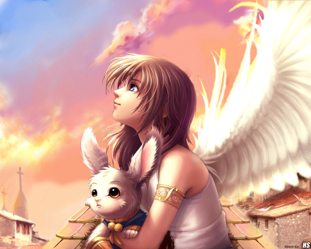 Angel woman white dog cityscape free wallpaper - medium preview image