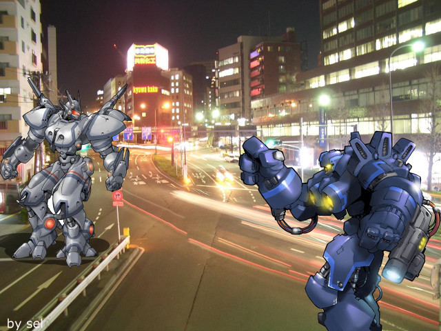 Robots street night cityscape glowing free wallpaper for desktop - medium preview image
