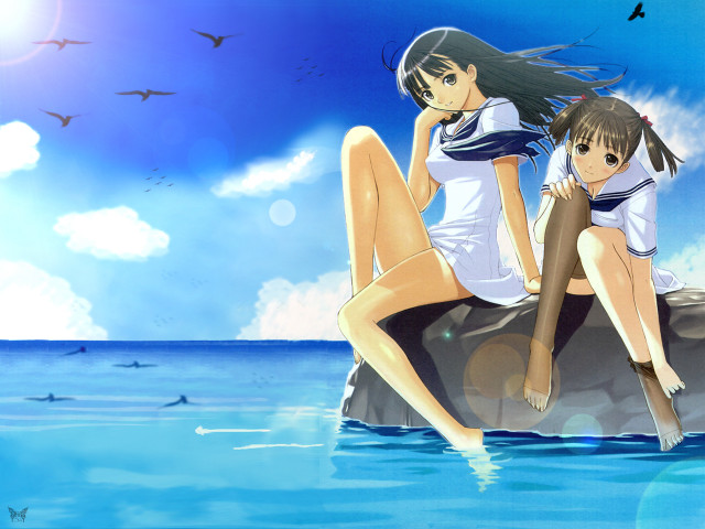 Anime girls rocks water bird free wallpaper - medium preview image