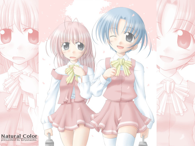 Bluehair pinkdress twoanimegirls bowtie blush free wallpaper - medium preview image