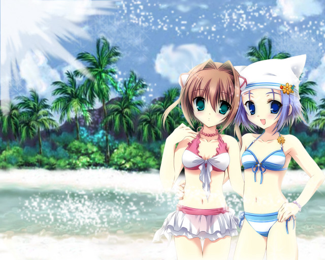 Beach anime girls palm trees free wallpaper - medium preview image