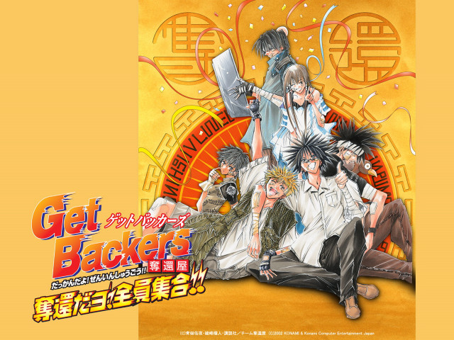 Anime group poster orange background free wallpaper - medium preview image