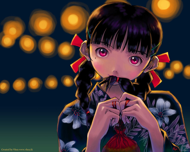 Girl redbow redbag bluebackground manga free wallpaper - medium preview image