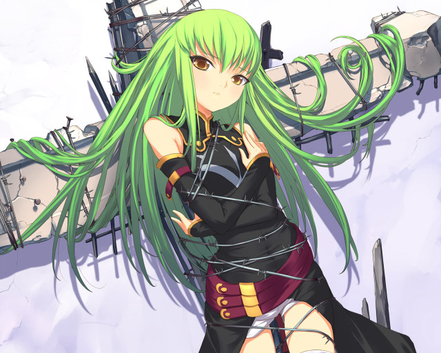 Green haired girl sword building free wallpaper - medium preview image