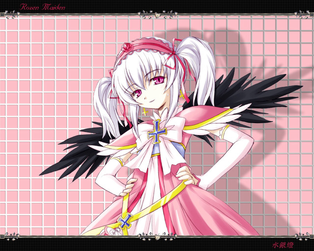 Anime pinkdress blackwings background grid free wallpaper - medium preview image