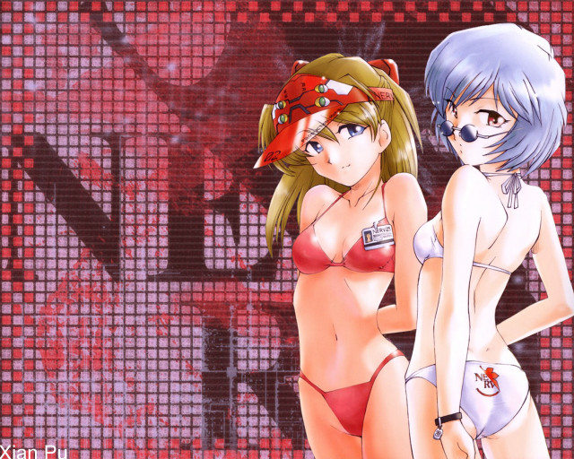 Anime girls bikinis red background free wallpaper - medium preview image