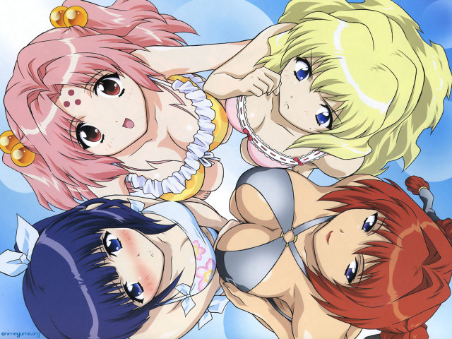 Three anime girls bikini outdoors free wallpaper - medium preview image