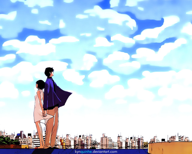 Rooftop couple city skyline manga free wallpaper - medium preview image