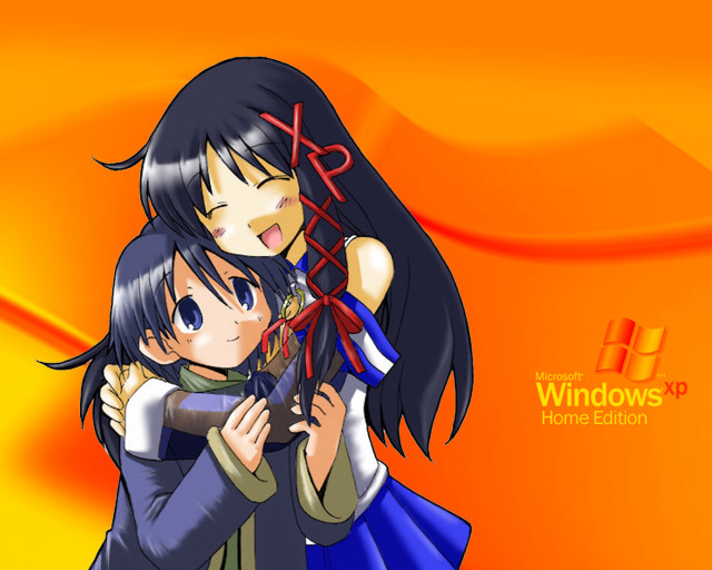 Anime hugging girls orange background free wallpaper - medium preview image