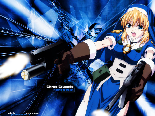 Anime girl gun blue background free wallpaper - medium preview image