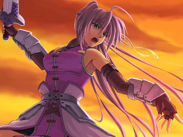 Woman sunset armor sword pinkhair free wallpaper - medium preview image