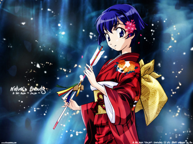 Kimono woman paintbrush flower blue free wallpaper - medium preview image