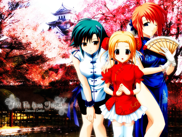 Three anime girls cherry blossoms free wallpaper - medium preview image