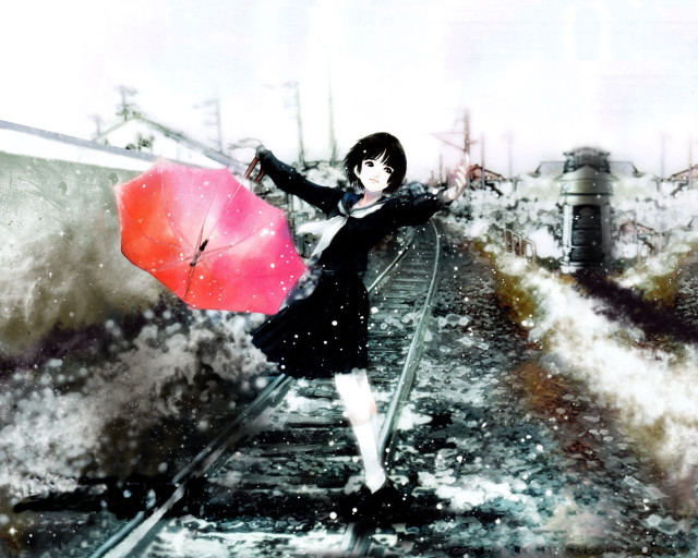 Woman red umbrella snow anime free wallpaper - medium preview image