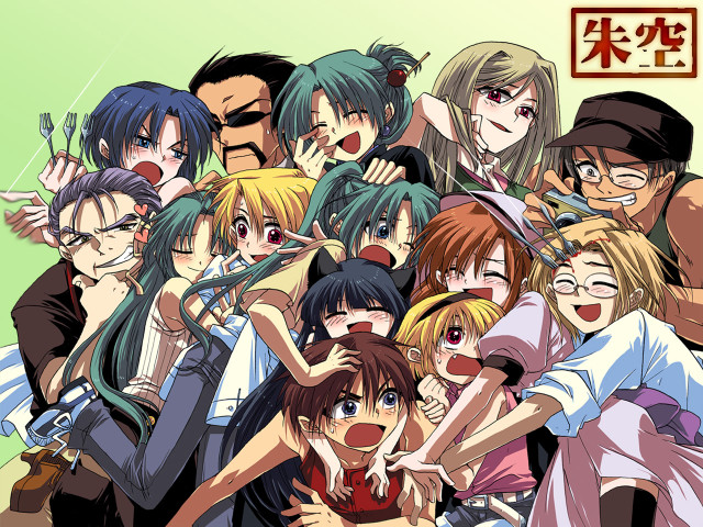 Anime group posing green background free wallpaper - medium preview image