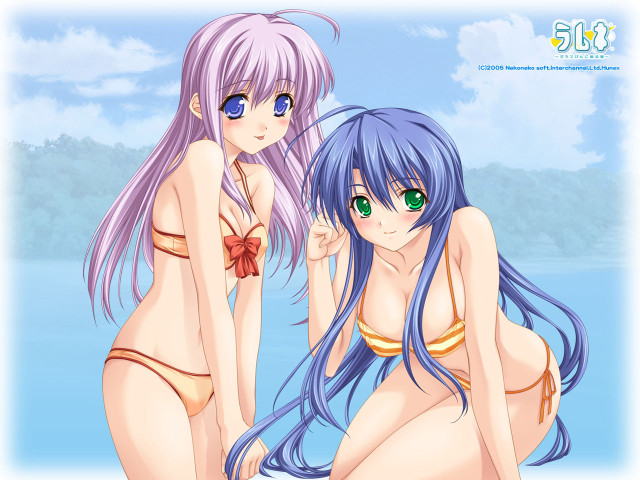 Anime girls beach bikinis blue free wallpaper - medium preview image