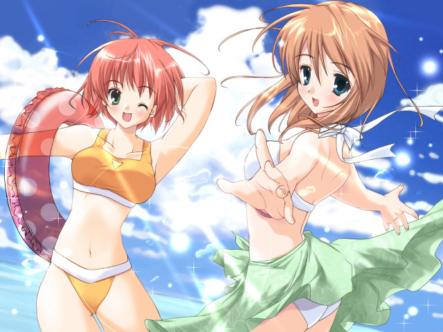 Anime girls beach bikinis ocean free wallpaper - medium preview image