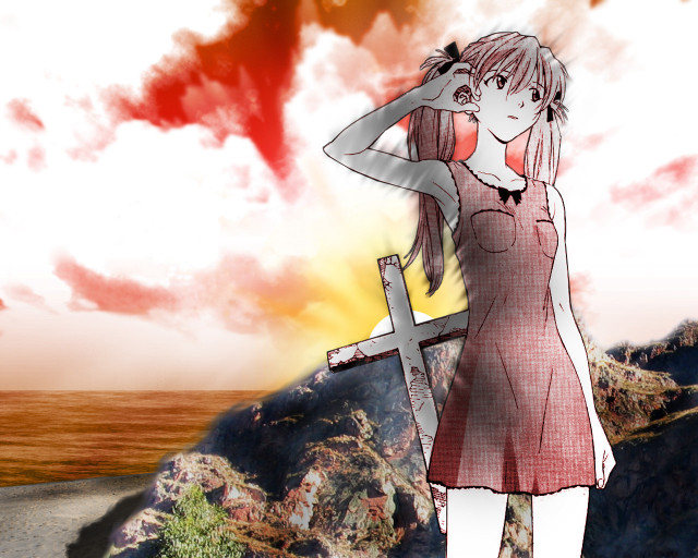 Girl red dress cross hill free wallpaper - medium preview image