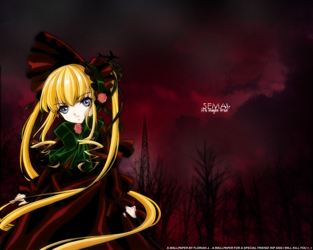 Anime girl blonde green dress free wallpaper - medium preview image