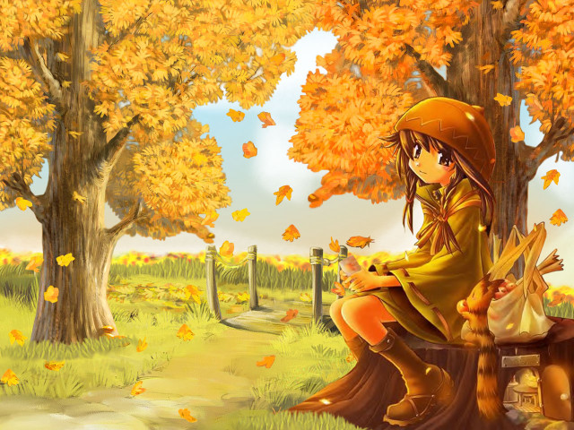 Autumn leaves girl bench dog free wallpaper - medium preview image