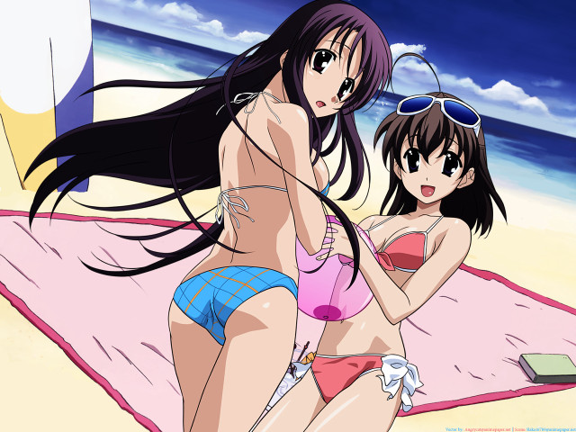 Two women beach bikinis umbrella free wallpaper - medium preview image