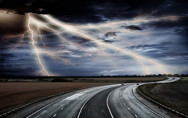 Lightning storm highway field car free wallpaper - medium preview image